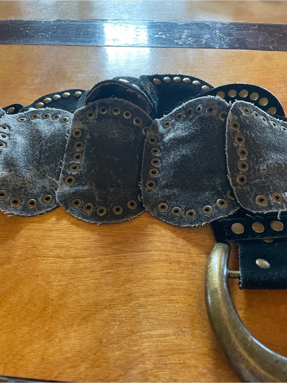 VINTAGE Black Studded Suede Belt with Antiqued Buckle, 39” - Picture 3 of 4